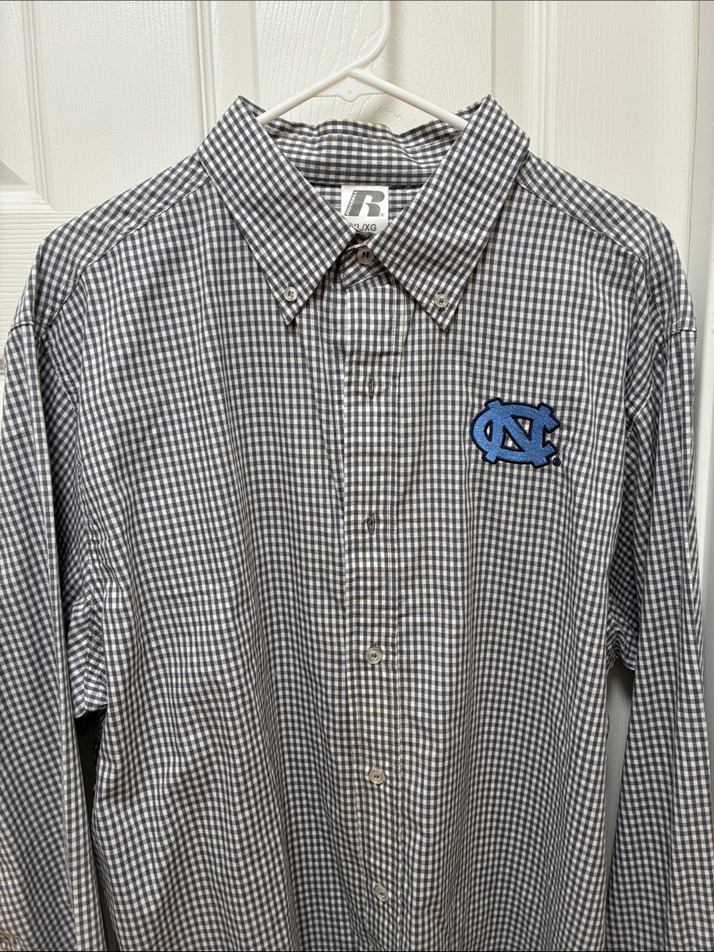 Russell Athletic Men’s Gray and White Checked Button-Down Shirt with Blue Patch